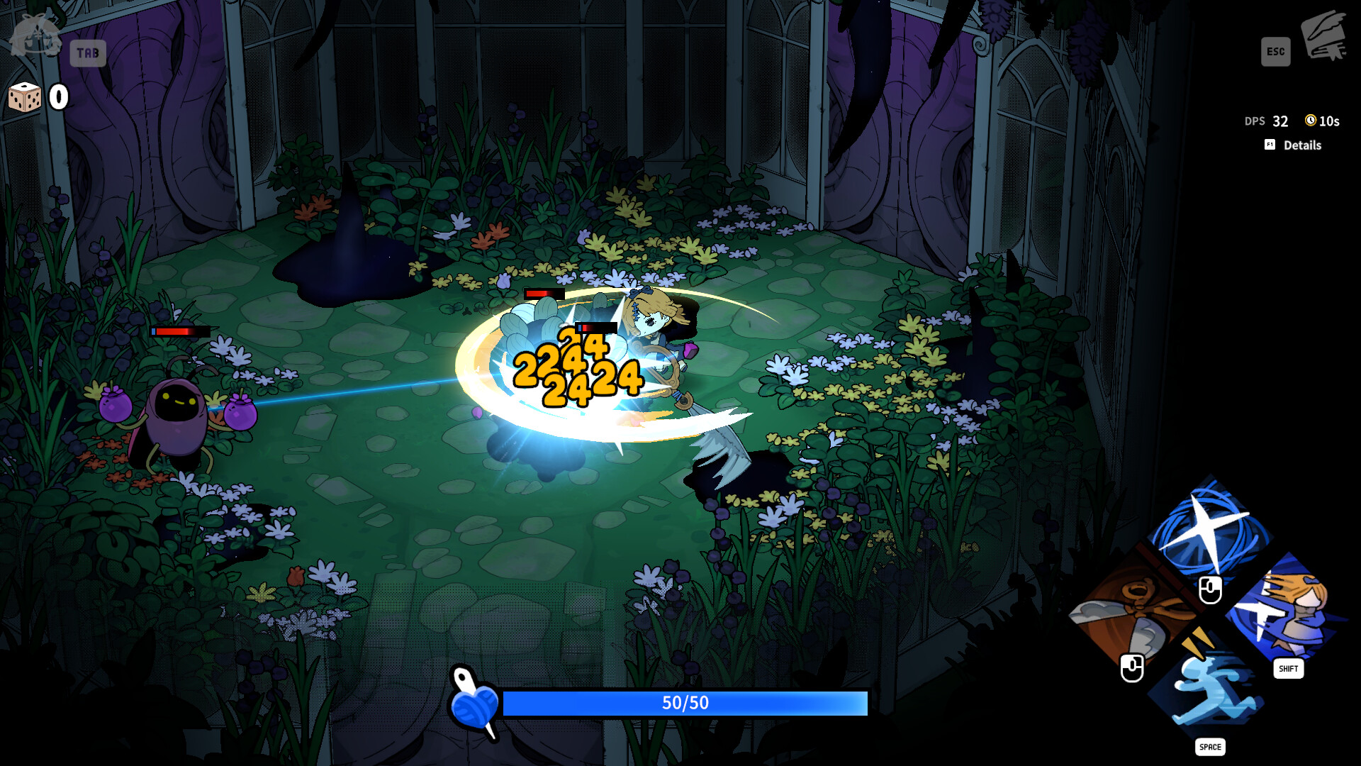 Sil swings her scissors at enemies in a flower-filled garden
