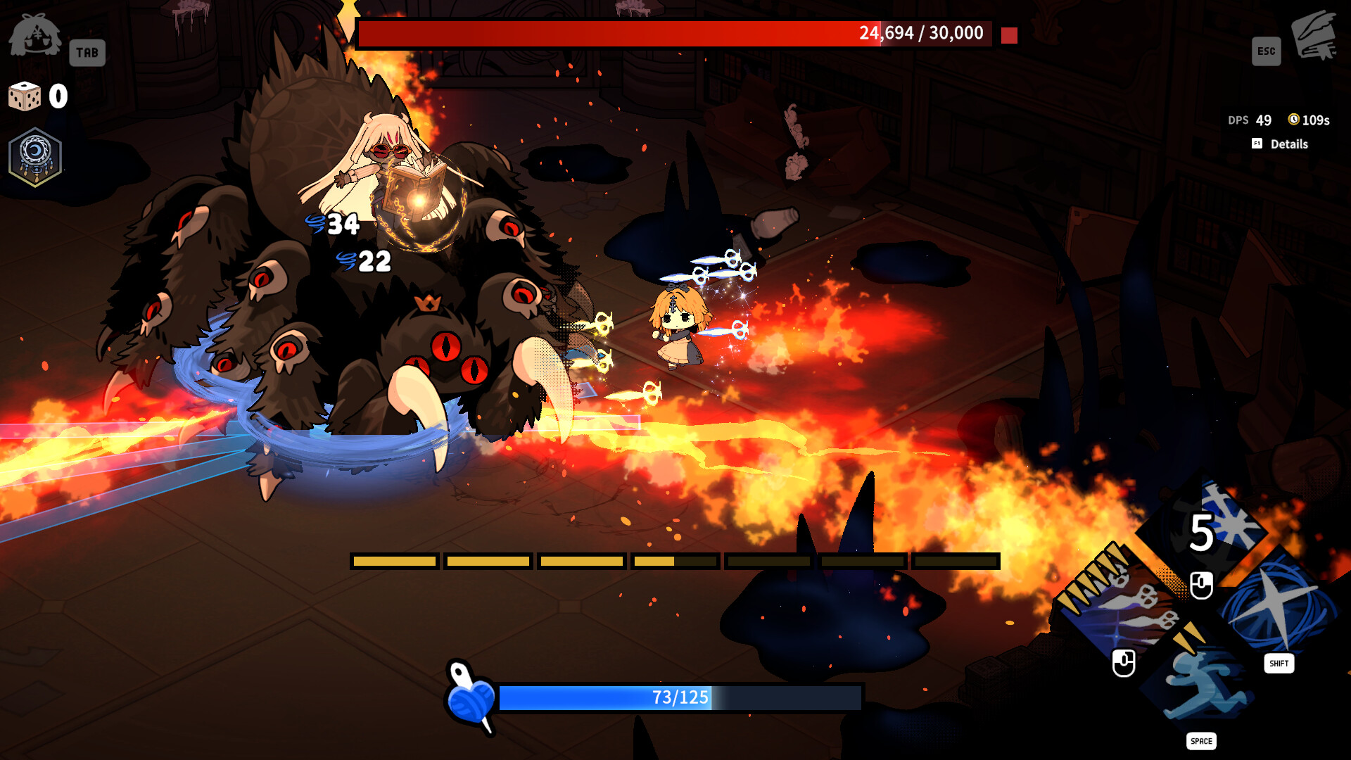 Sil battles a many-eyed boss amid sweeping flames