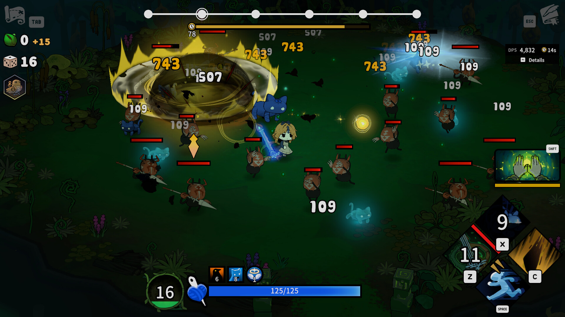 Sil uses layered attacks against enemies in a green arena